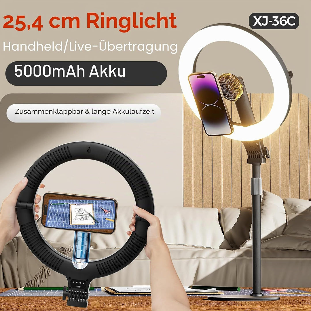 Magnetisches 10" Ringlicht,Klappbar &amp; 360° Drehbar,10W, 120 LEDs, 5000mAh, Dimmbar Mit Memory,Für Li