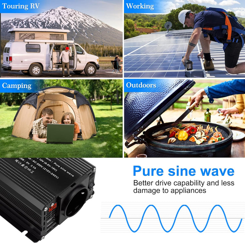 Yinleader Reiner Sinus Wechselrichter 500W /1000W DC 12V auf 230V AC und 1 Steckdose 2 USB mit LED,