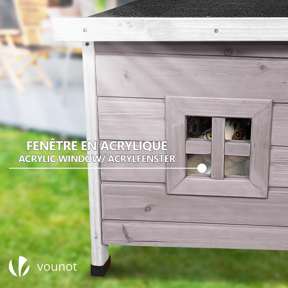 VOUNOT® Katzenhaus aus Holz, Katzen Haus mit Asphaltdach, Katzenhütte für Draussen Outdoor 57 x 45 x