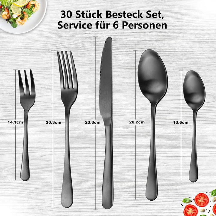 Besteck Set für 6 Personen,30 teilig Schwarz Mattiert Essbesteck Set,Besteckset inkl. Messer,Gabel,L