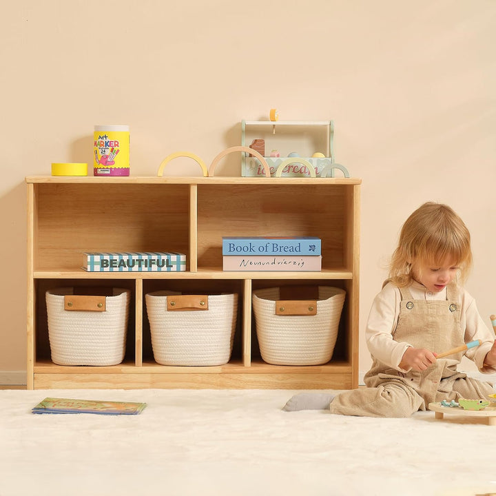 OOOK Gummiholz Kinderregal Spielzeugschrank, Spielzeugregal mit 2 grossen Fächern und 3 kleinen Fäch