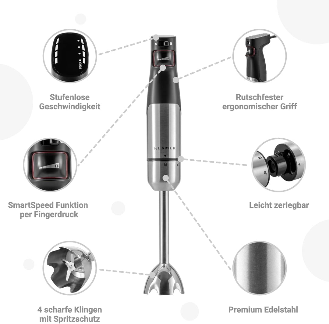 KLAMER Stabmixer 1000 Watt, Pürierstab Edelstahl mit SmartSpeed per Finderdruck Premium Single, Prem