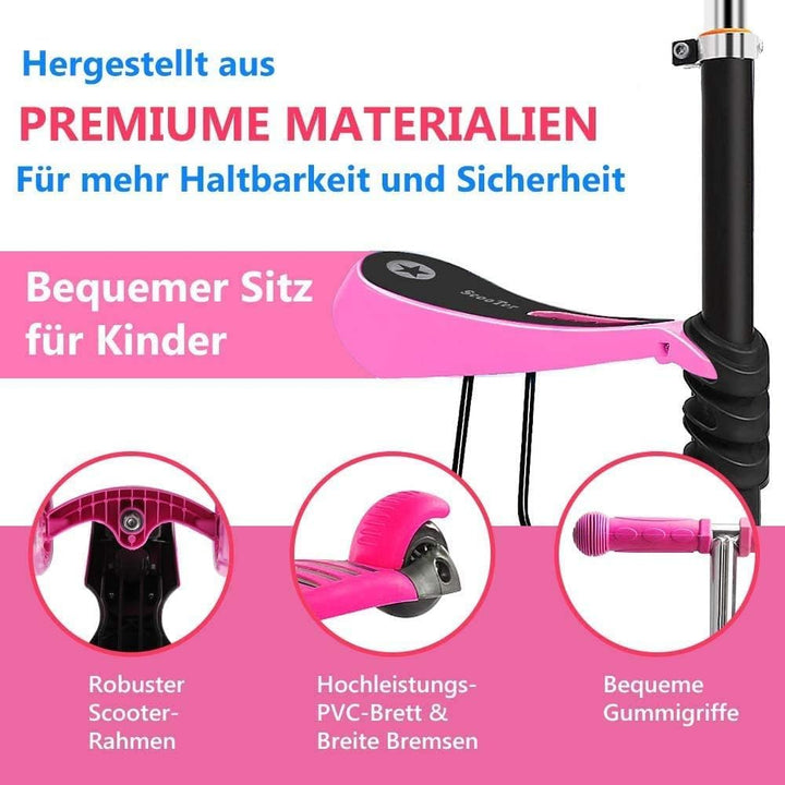 Kinder Roller mit abnehmbarem Sitz, blinkende LED-Räder, höhenverstellbarer 3-Rad-Tretroller mit Sch