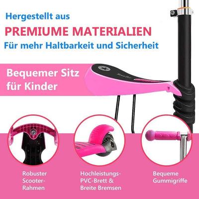 YOLEO 5-in-1 Kinder Roller Scooter mit Abnehmbarer Karikaturkorb Sitz Schubstange LED grosse Räder B