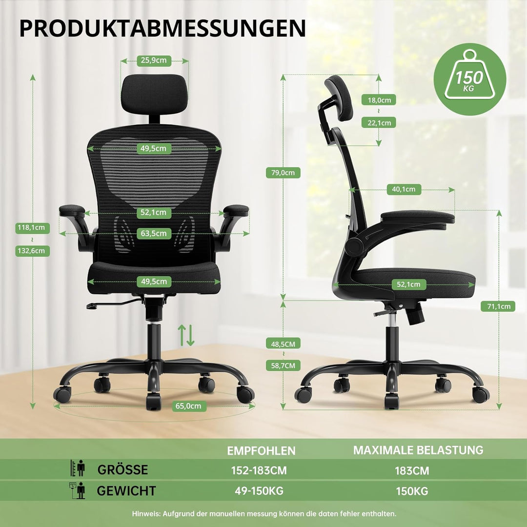 Synorla Schreibtischstuhl Bürostuhl Ergonomisch mit 150 KG Tragkraft, Ergonomischer Bürostuhl mit St