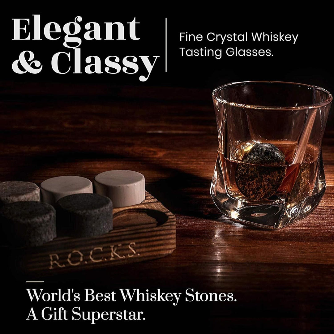Whiskey Steine Geschenkset - 6 Handgefertigte Premium-Granitsteine, 2 aussergewöhnliche Kristallgläs