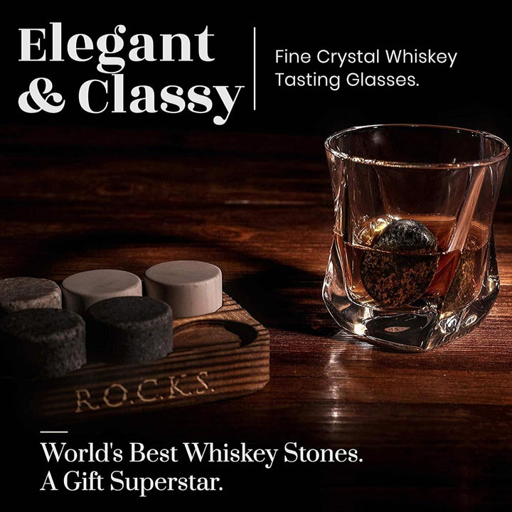 Whiskey Steine Geschenkset - 6 Handgefertigte Premium-Granitsteine, 2 aussergewöhnliche Kristallgläs