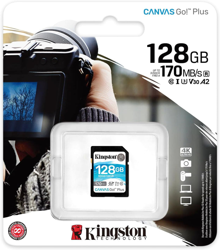 Kingston SDG3/128GB SD Speicherkarte ( 128GB SDXC Canvas Go Plus 170R C10 UHS-I U3 V30 ), 128GB