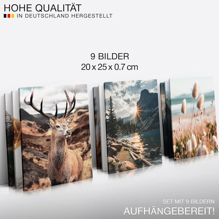 Novart Wandbilder Natur - KOMPLETT AUFHÄNGFERTIG - Hirsch Wohnzimmer Schlafzimmer- 9 Moderne Mood-Bi
