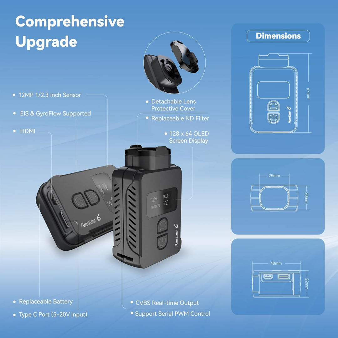 RunCam 6 4K FPV Action Kamera, Mini HD Video Cam mit EIS & GyroFlow HDMI PWM unterstützt für RC Flug