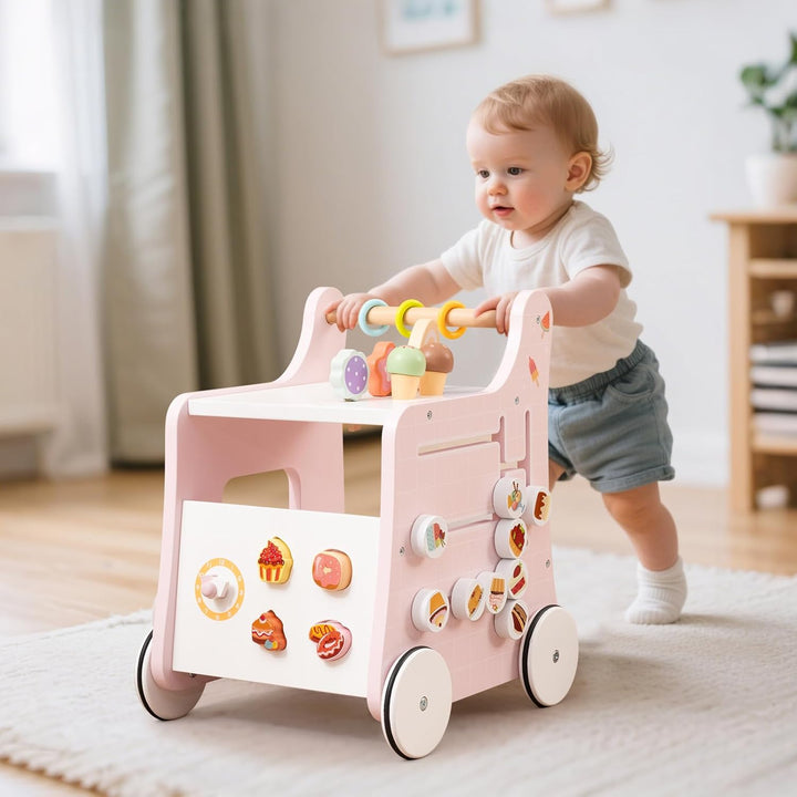 LIFEZEAL Lauflernhilfe Holz, Baby Lauflernwagen mit süssem Zubehör, Montessori Lauflernspielzeug mit