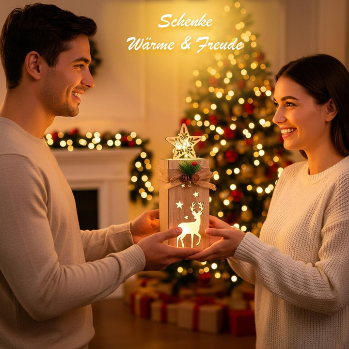Holz Weihnachtsdeko mit LED Licht I 2er Set beleuchtete Holzdeko Weihnachten mit Elch & Stern I Weih