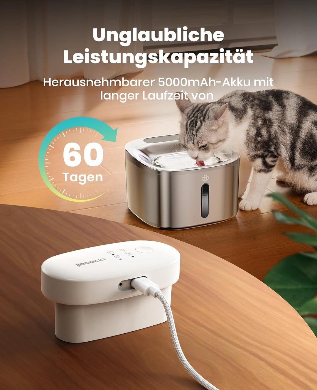 oneisall Katzenbrunnen Kabellos, 5000mAh Batteriebetrieb, 3.5L Trinkbrunnen für Katze mit Bewegungsm