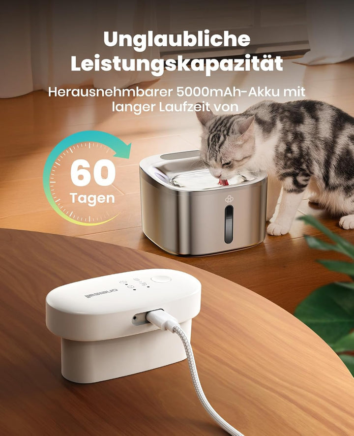 oneisall Katzenbrunnen Kabellos, 5000mAh Batteriebetrieb, 3.5L Trinkbrunnen für Katze mit Bewegungsm