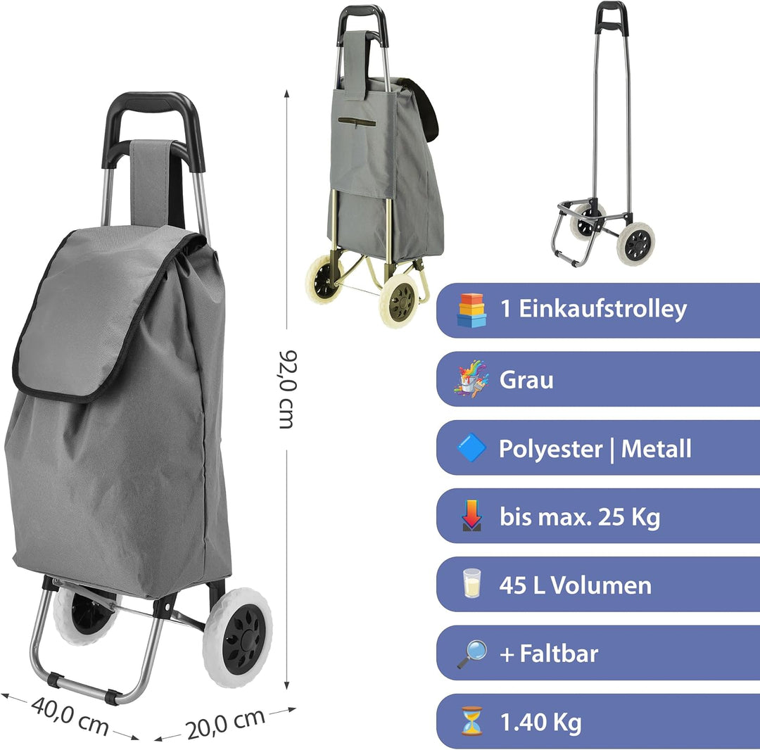 Einkaufstrolley grau | Volumen 45L 40x92x20cm Polyester Metallgestell | Einkaufswagen auf Rollen | R