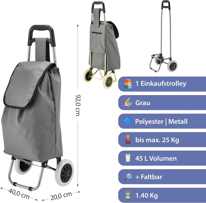 Einkaufstrolley grau | Volumen 45L 40x92x20cm Polyester Metallgestell | Einkaufswagen auf Rollen | R