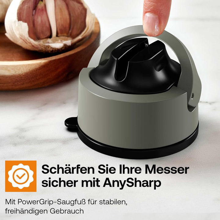 AnySharp Evo Messerschärfer, Freihändige Sicherheit, PowerGrip Saugnapf, Sicheres Schärfen aller Küc