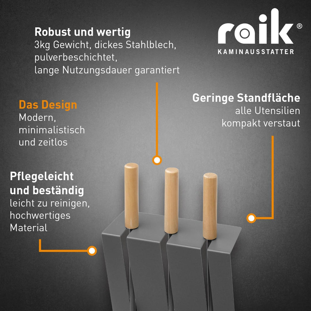 raik R1007 Raik Kaminbesteck Gustav, 3-teilig, Anthrazit, Holzgriffe,