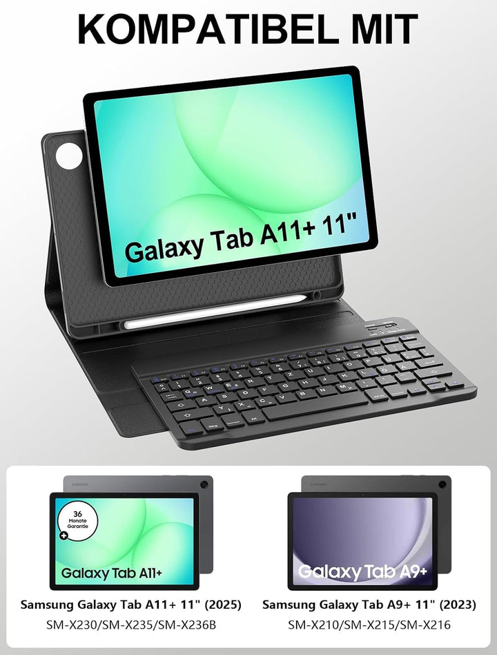 JADEMALL Für Galaxy Tab A11+ 11" SM-X230 Hülle mit Tastatur QWERTZ | 120 Tage Standby, Bluetooth, Le