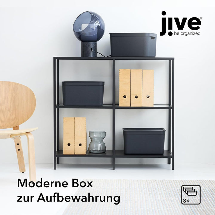 Jive Dekobox 3er- Set Aufbewahrungsbox 16l mit Deckel, Kunststoff (PP recycelt), dunkelgrau, 3x16l (