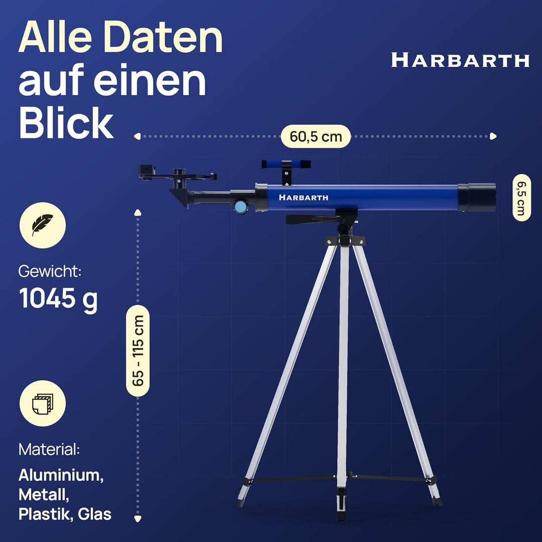 HARBARTH Teleskop Linsenteleskop + Okulare - Ideal für Erwachsene & Junge Astronomen - Fernrohr, Tel