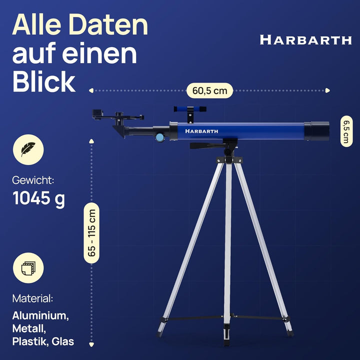 HARBARTH Teleskop Linsenteleskop + Okulare - Ideal für Erwachsene & Junge Astronomen - Fernrohr, Tel