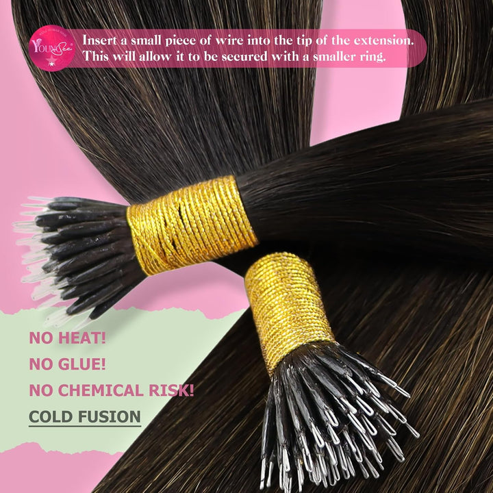 YoungSee Extensions Echthaar Nanoring Ombre 45 CM Nanoring Extensions Braun Ombre Nano Extensions 1g