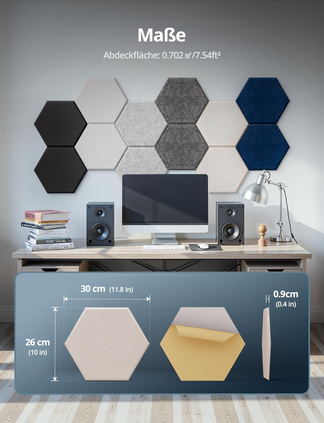 Hexagon Akustikplatten Selbstklebend, 12 Stück Hohe Dichte Schallabsorber Wand für Decken-/Tür-/Wand