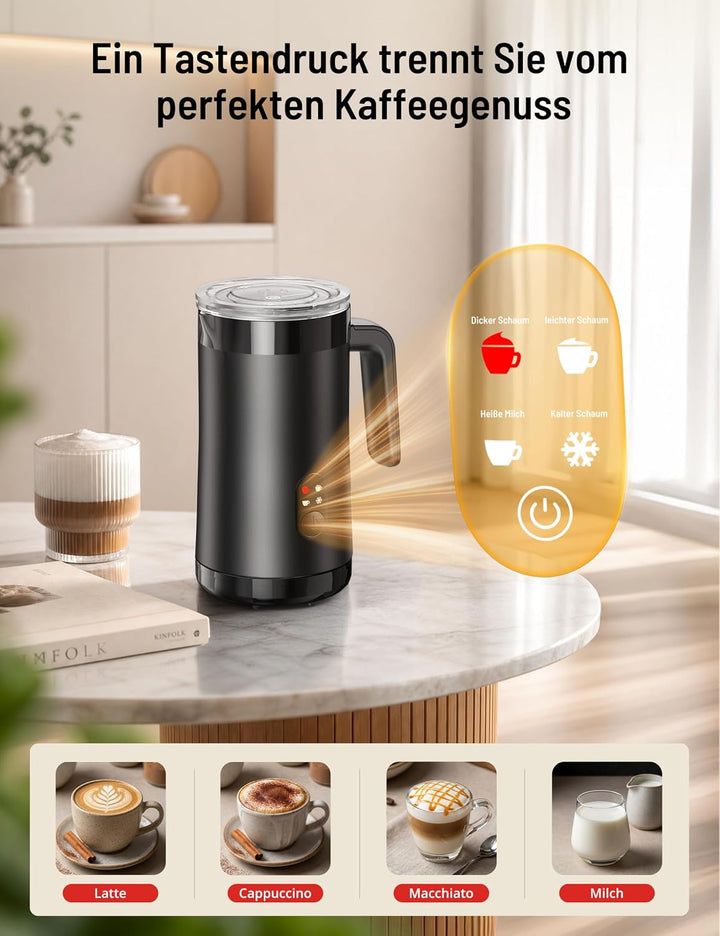 PARIS RHÔNE Milchaufschäumer Elektrisch 400ml, 4-in-1 Milchschäumer Kalt- & Heissschaum für Latte, C