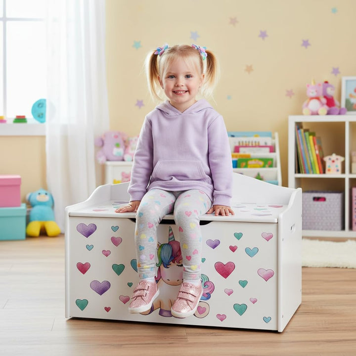 Leomark Kinderbank Hölzerne - Unicorn - Kindertruhenbank, Behälter für Spielzeug, Truhe für Kinderzi