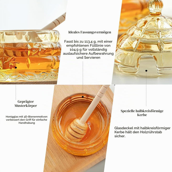 H&amp;D HYALINE &amp; DORA Kanpura Honigglas-Set mit Holz-Löffelchen und Deckel, modernes Sirupglas Gefäss 9