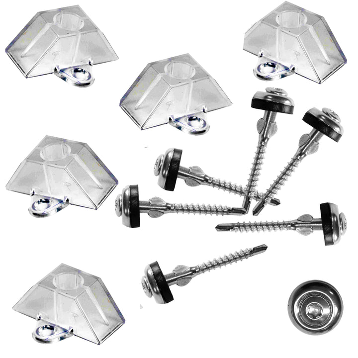 Befestigungs-Set: Spenglerschraube mit Bohrspitze & Bohrflügel + Abstandshalter für Trapezwellplatte