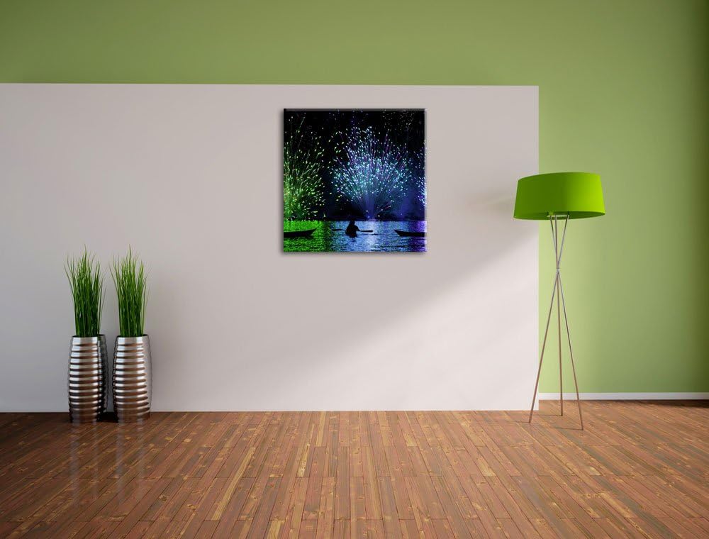 Feuerwerk auf dem Wasser, Format: 70x70 auf Leinwand, XXL riesige Bilder fertig gerahmt mit Keilrahm