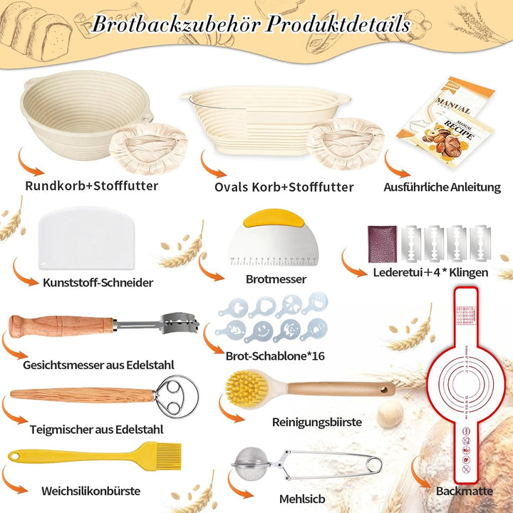 Gärkörbchen Set,13-Teilig Sauerteig Starter Set,28 cm Gärkörbchen Oval und 25 cm Gärkorb Rund aus Si