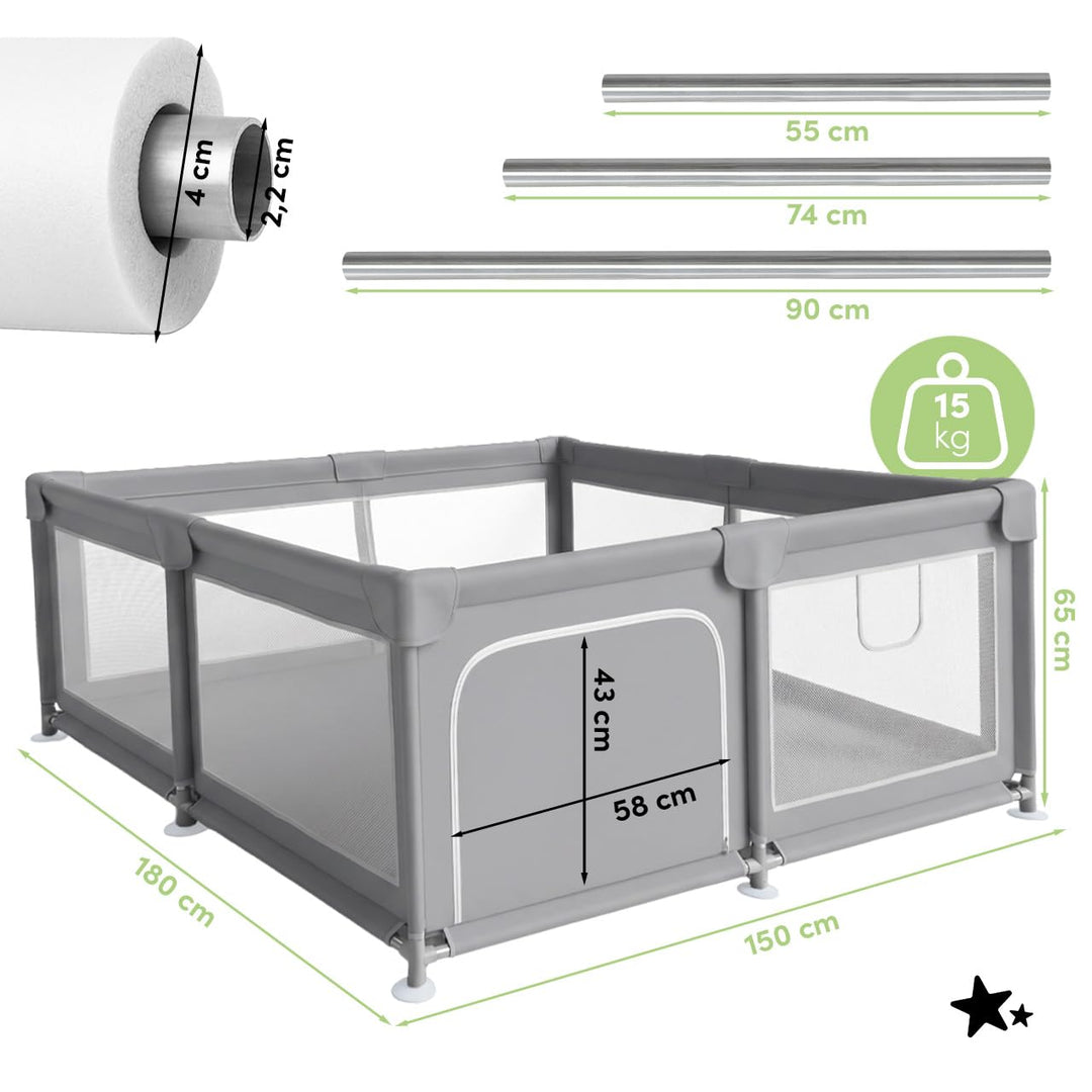 MalPlay Baby Laufstall 150x180 cm für Kinder 6–36 Monate, mobiler Kinderlaufstall mit Netzseiten, La