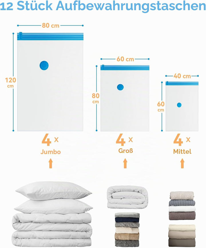 HEETA Vakuumbeutel für Bettdecken, 12 Stück Vakuumierbeutel Kleidung (4 Jumno, 4 Gross, 4 Klein), Wi