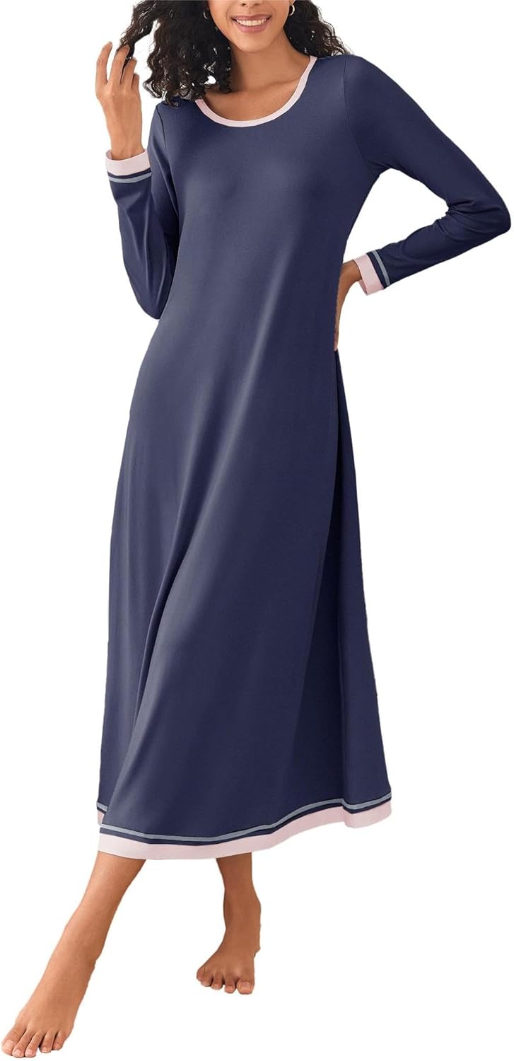 Ekouaer Damen Nachthemd Langarm Elegant Sleepshirt Weich Schlafkleid Lange Nachthemden Kontrastfarbe