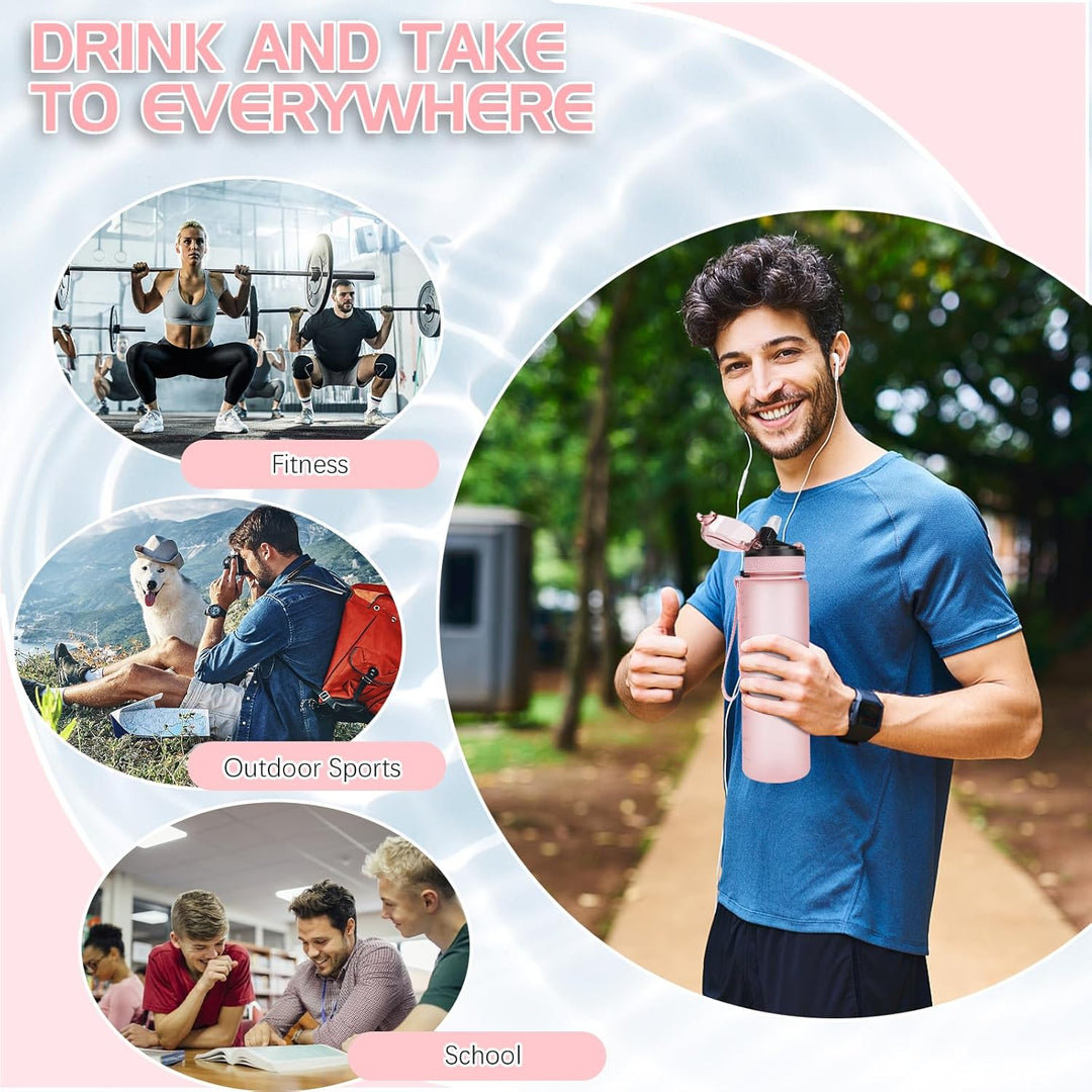 AOHAN Trinkflasche 1L mit auslaufsicherem Klappdeckel, BPA freie Sport Trinkflasche mit Stroh, Wasse