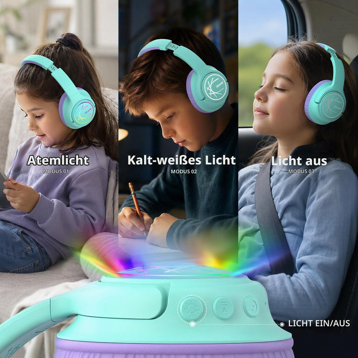 iClever Bluetooth Kopfhörer Kinder mit LED-Leuchten, 74/85dBA Lautstärkebegrenzung, 43 Stunden Spiel