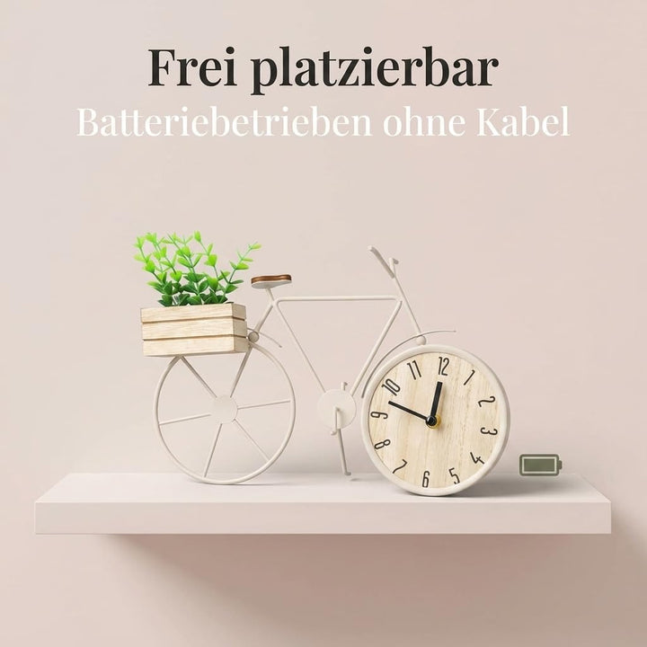 MIJOMA Tischuhr Fahrrad 34 x 24 cm – Metallrahmen mit Holzbox und Deko-Pflanze – analoges Zifferblat