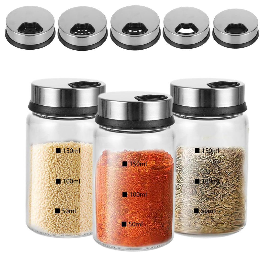3 Stück Gewürzgläser mit Drehdeckel 150ml Gewürzstreuer Glas 6x9,5cm Luftdicht Gewürzdosen mit 4 Art