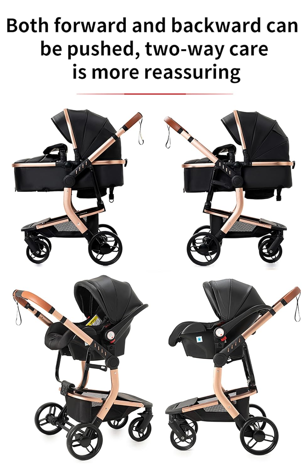 NADDLILY PU-Leder Kinderwagen 3 in 1, Buggy mit Umkehrbarem Zwei-Wege-Schub, Kinderwagen Faltbarem T