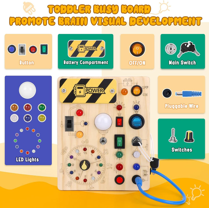 Konijiwa Montessori Busy Board 1 Jahr alt Kinder Activity Board Holzspielzeug mit 8 LED-Lichtschalte