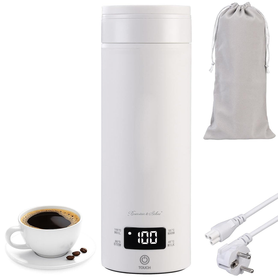 Rosenstein & Söhne Edelstahl Wasserkocher: Reise-Wasserkocher & Isolierkanne, 300 W, 500 ml, 4 Tempe