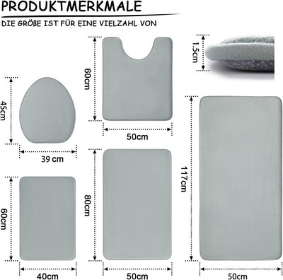 chakme Badezimmerteppich Set 5 Teilig, Weiche Memory-Schaum Badematte und U Förmige wc Vorleger, Bad
