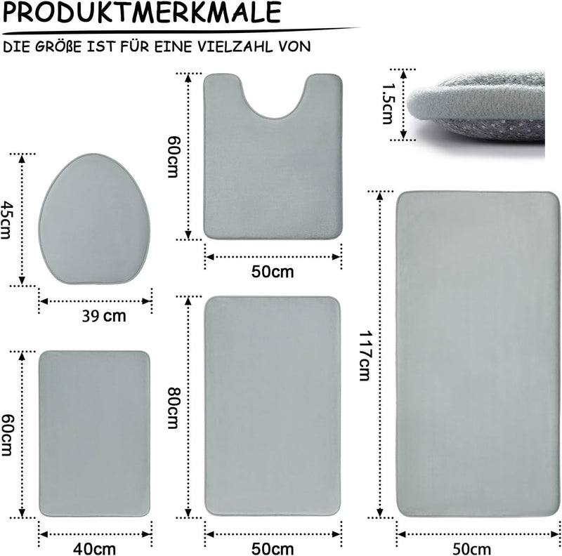 chakme Badezimmerteppich Set 5 Teilig, Weiche Memory-Schaum Badematte und U Förmige wc Vorleger, Bad