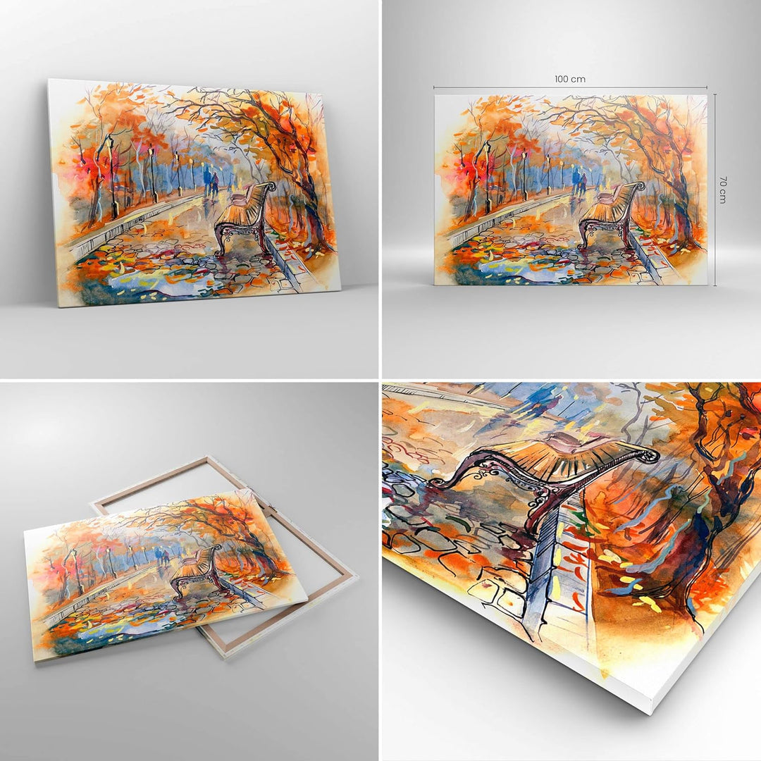 ARTTOR Bilder auf Leinwand 100x70cm Leinwandbild Path Bench Herbst Frau Gross Wanddeko Bild Schlafzi