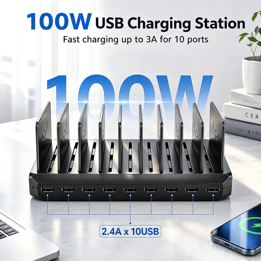 USB Ladestation 100W,10-Port Handy Ladestation Mehrfach mit verstellbarem abnehmbarem Trenner, 5V/2.