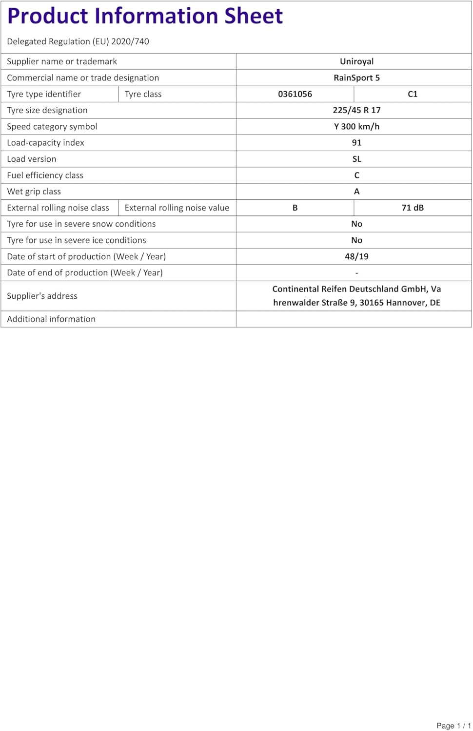 Uniroyal RainSport 5 - 225/45 R17 91Y FR - C/A/71 - Sommerreifen (PKW) 225/45R17 91Y - FR, 225/45R17