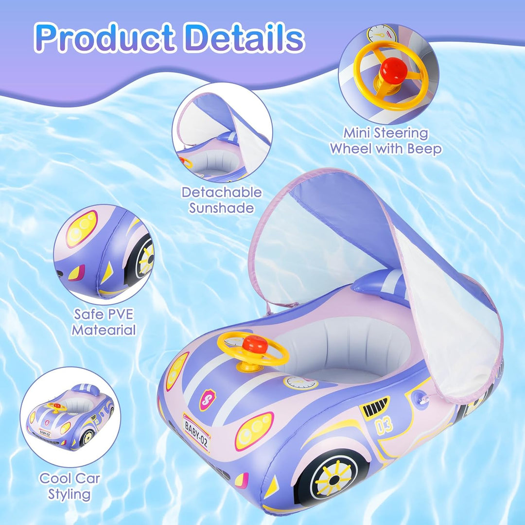 Olycism Baby Schwimmring mit Sonnendach UPF50+ & Spielzeug Spielen Lenkrad Kinderboot Babyschwimmrei